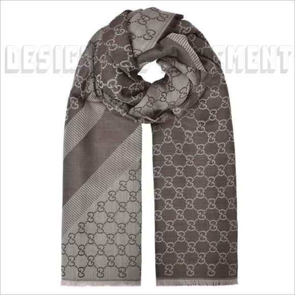 GUCCI brown & taupe GGWEB giant 55"- square wool & silk pashmina shawl scarf NWT - Picture 6 of 10